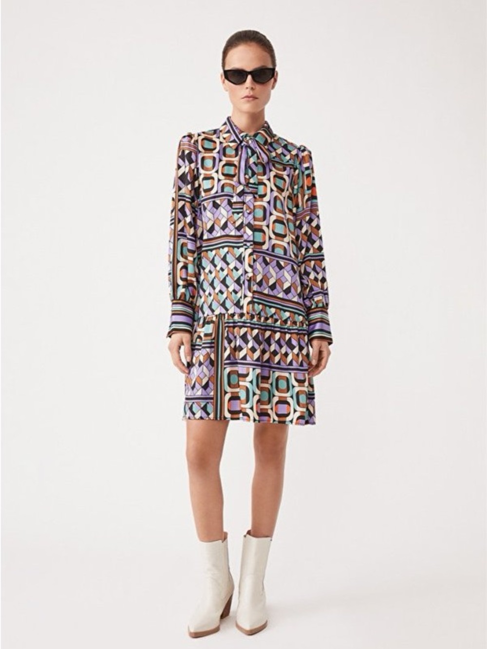 SUNCOO Multicolor Geometric Tie-Neck Long-Sleeve Dress